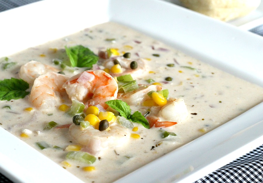 Easy recipe for Shrimp and Corn Chowder brimming with crisp corn, celery, bell pepper and onion in a delicious creamy broth.