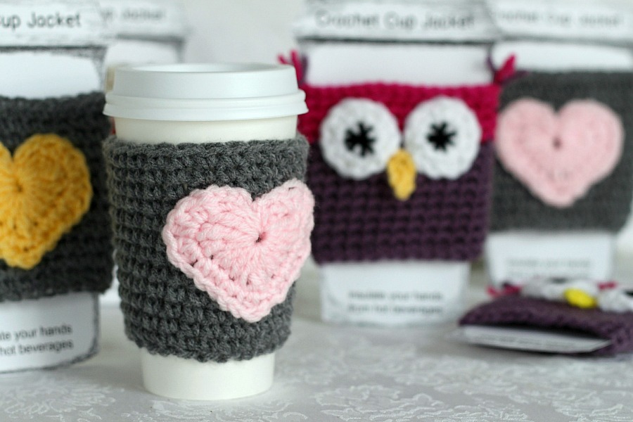 Crochet Beverage Cup Jackets are both adorable and useful for protecting your hands from containers filled with hot beverages. Easy pattern and variations.