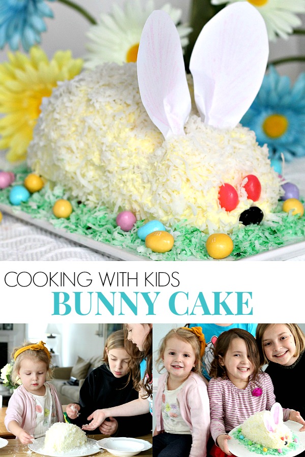 Make this adorable Easter bunny cake easily using a box cake and frosting (either homemade or from a tub). Our girls had the best time assembling it and were overjoyed with their finished creation. Truly a fun cooking with kids activity and a lovely Easter dessert. It looks super cute on the holiday table.