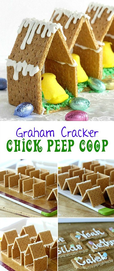 Adorable little Easter Peep Graham Cracker House is so easy to make using royal frosting to glue and assemble coop. Sweet treats for kids and cute table place-setting decorations.