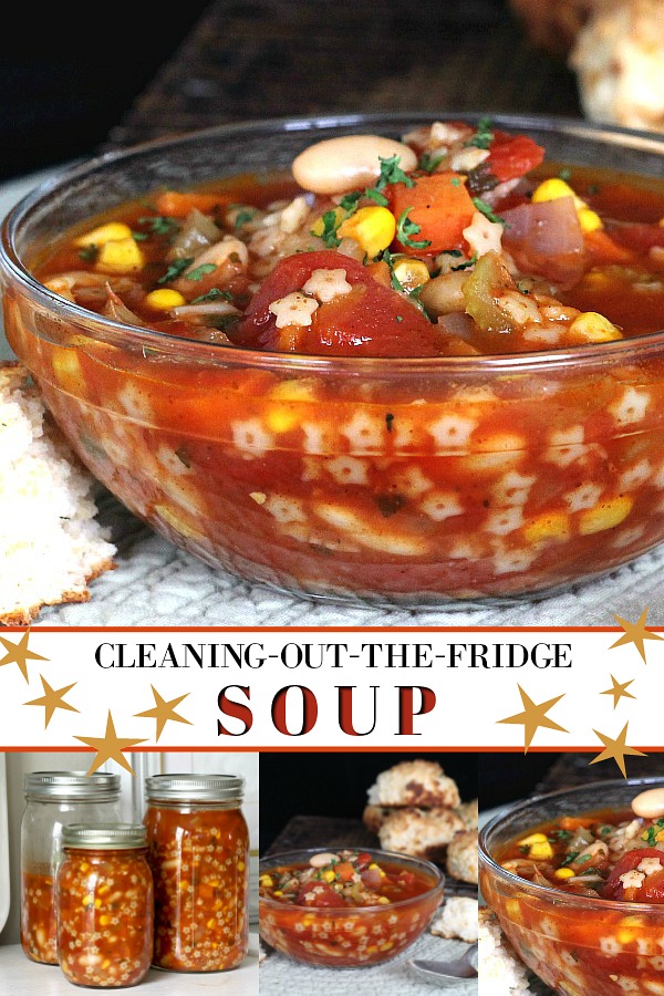 Easy, delicious and a great way to use the produce in the veggie bin before it goes bad. This easy recipe for Cleaning-out-the-fridge soup is a nutritious family favorite weeknight meal.