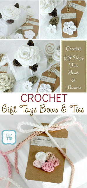 Embellish gift packages with quick and easy crochet gift tags, ties & bows. Reusable and so cute. Add tiny flowers, hearts, leaves and wreaths of yarn. 