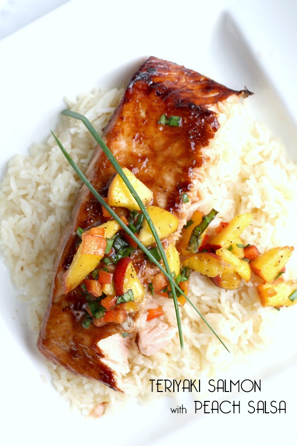 Easy recipe for Teriyaki salmon with peach salsa along a with recipe for homemade teriyaki sauce for a delicious dinnertime meal. Prep time less than 30 minutes (45 if making homemade teriyaki sauce).