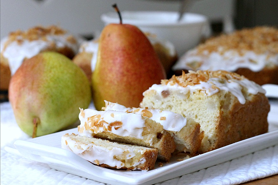 Frosted Pear Quick Bread with Toasted Coconut is a yummy quick bread filled with fresh pears, a hint of ginger and topped with frosting and toasted coconut.