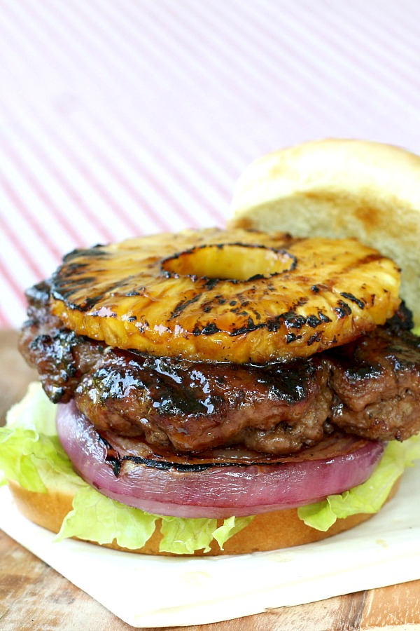 Homemade teriyaki sauce is amazing brushed on burgers, chicken or salmon. An easy recipe that gives so much flavor especially with grilled pineapple and red onion.