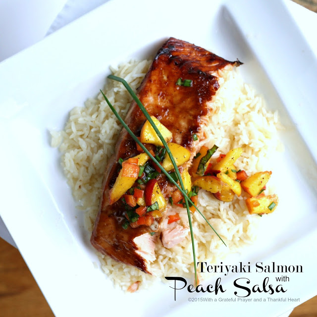 Easy recipe for Teriyaki salmon with peach salsa along a with recipe for homemade teriyaki sauce for a delicious dinnertime meal. Prep time less than 30 minutes (45 if making homemade teriyaki sauce).
