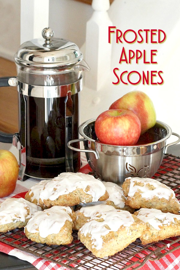 Easy recipe to make frosted apple scones. Brew a pot of coffee or tea and serve for breakfast or mid-morning snack. A great apple recipe with autumn flavors