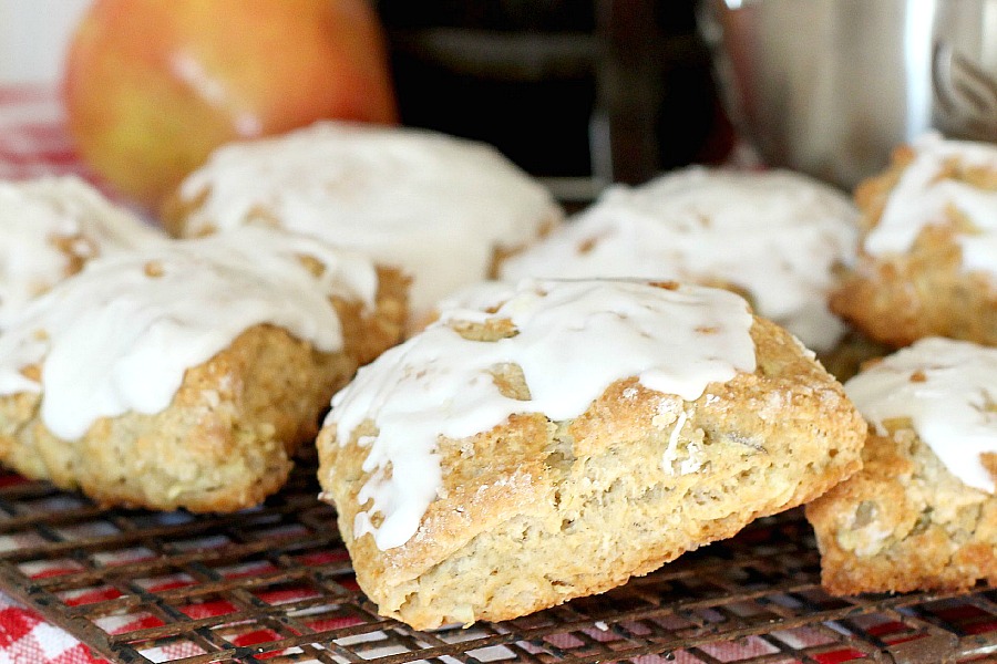 Easy recipe to make frosted apple scones. Brew a pot of coffee or tea and serve for breakfast or mid-morning snack