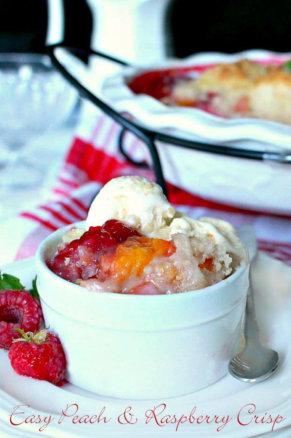 Make an easy Peach & Raspberry Crisp using fresh summer peaches and plump raspberries with a lovely crumb topping. Serve with a scoop of vanilla ice cream.