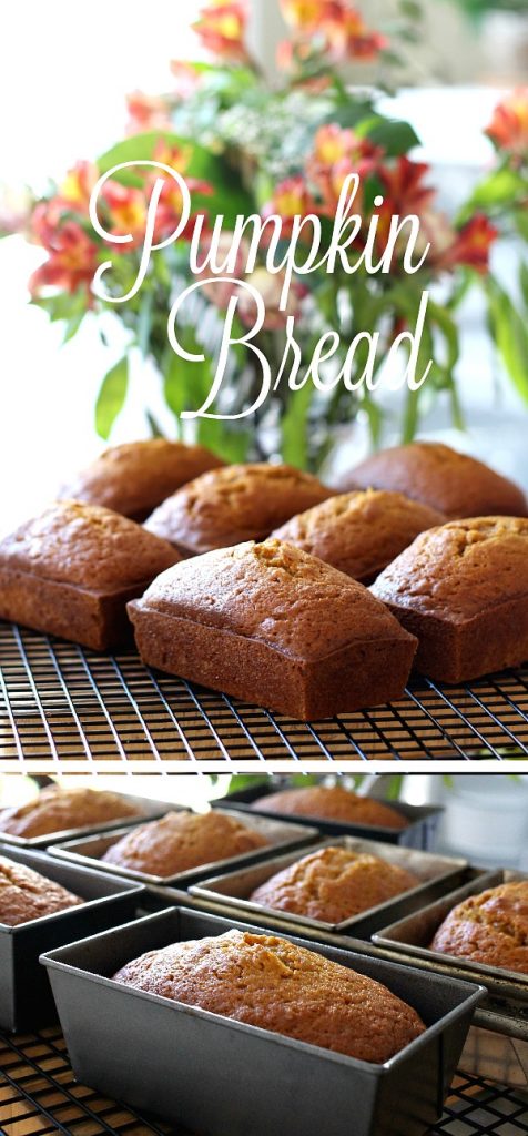 Delicious pumpkin bread full of cinnamon, nutmeg, cloves & ginger. Perfect mini loaves to share with friends. Bake ahead & freeze for Thanksgiving.