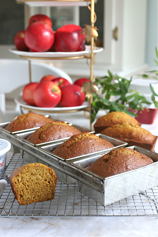 Easy recipe for delicious pumpkin quick bread. Full of cinnamon, nutmeg, cloves & ginger, these mini loaves are just the right size for snacking or to share with friends. Bake ahead & freeze for Thanksgiving.