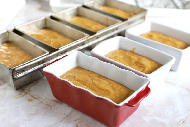 Pumpkin bread in mini loaf pans ready to bake