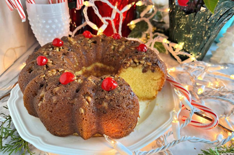 Sliced, beautiful and festive rum cake with buttery rum glaze.