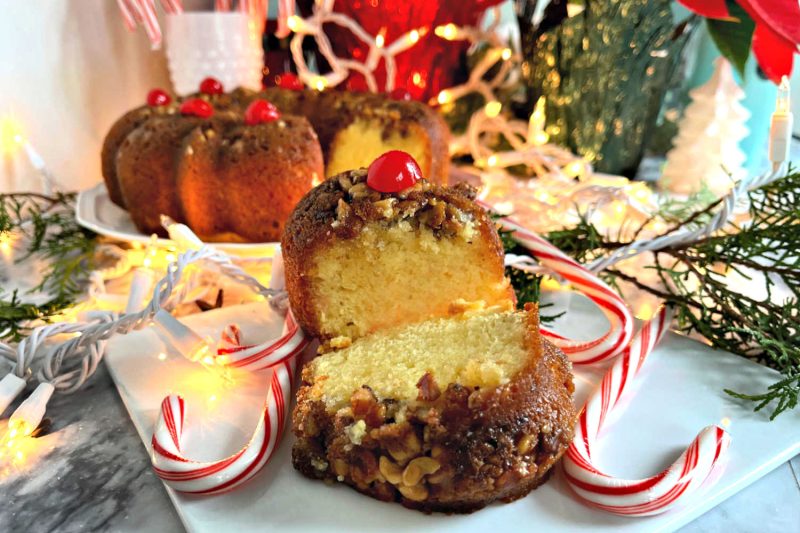 Festive butter rum glazed rum cake is a quick and easy recipe because it begins with a box mix! Perfect Christmas & holiday dessert or gift!