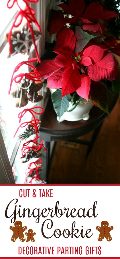 Give holiday visitors gingerbread cookie parting treats. Let them snip from a decorative swag, hung by the door, a gingerbread cookie as they depart. 