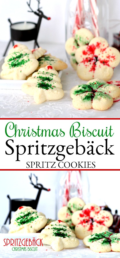 Spritz or Spritzgebäck cookies, are festive and buttery, made using a cookie press then decorated with colorful sugars. Easy to make Christmas favorite.