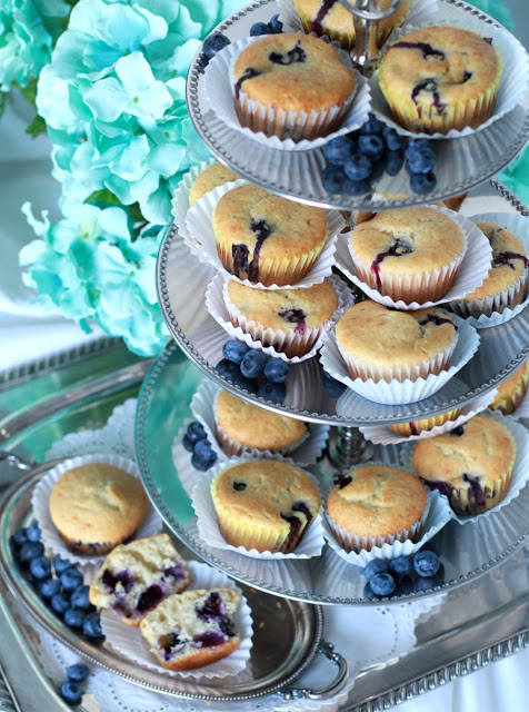 Use fresh or frozen blueberries to make yummy, cake-like muffins. Substitute applesauce for some of the butter to make them a little healthier.