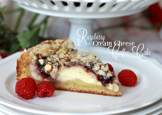 Easy recipe for Raspberry Cream Cheese Coffee Cake with a deep golden brown crust and sweet cream cheese filling with raspberry and crunchy almond topping.
