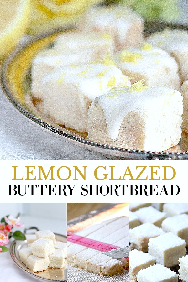 Lemon glazed buttery shortbread are delicious little cookie bites. Easy recipe for delicate and crumbly English tea time biscuits. 