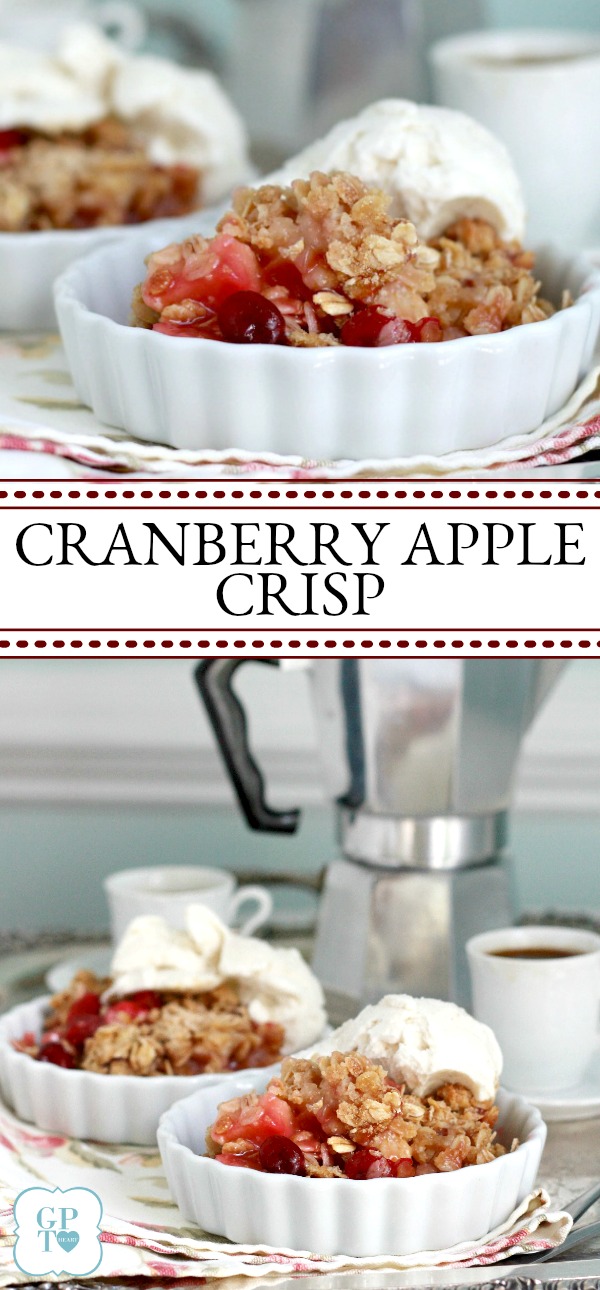 Sweet and tart Cranberry Apple Crisp with an oatmeal crumb topping is a lovely autumn dessert. Serve warm with ice cream or dollop of whipped cream.