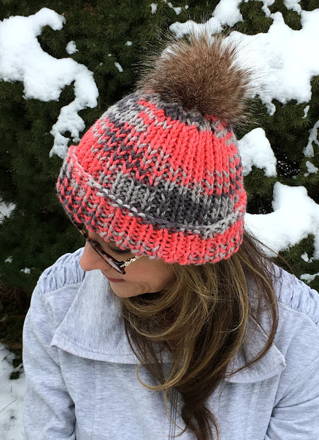 Keep warm with these stylish knitted hats and messy bun with links to easy patterns. Make your own faux fur pompom with easy tutorial.