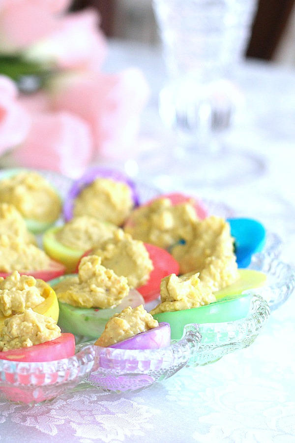 Add these lovely pastel colored eggs to your Easter brunch. Colored whites are filled with a classic deviled egg mixture for a favorite appetizer or breakfast dish. 