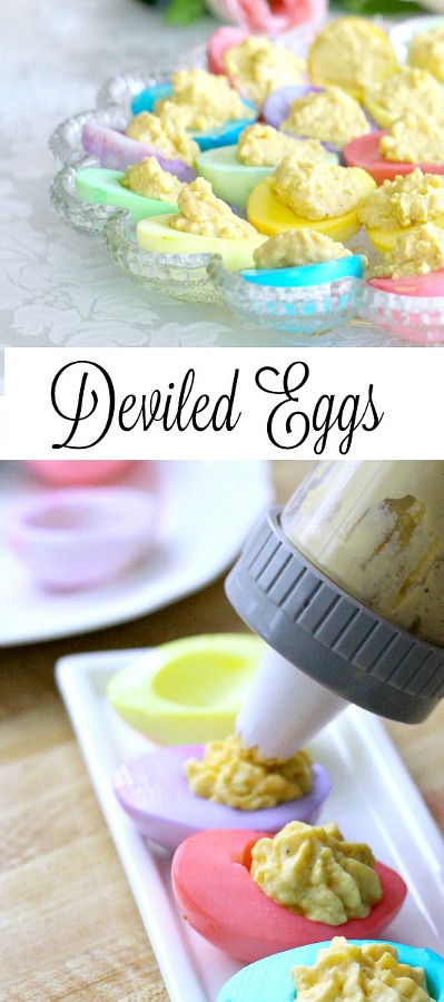 Bring springtime to your Easter table with a palate of soft pastel colored deviled eggs that are almost too pretty to eat. Instead of dying the egg shells, the cooked white part of the egg is colored then filled with the yolk mixture just like regular deviled eggs.