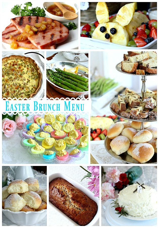 A lovely Easter brunch menu includes baked ham with pineapple glaze, quiche Lorraine, roasted asparagus, deviled eggs, fruit, assorted breads and dessert. Easter is often a time of family gatherings, sunrise church services, fancy clothes and colorfully dyed eggs and a special meal.