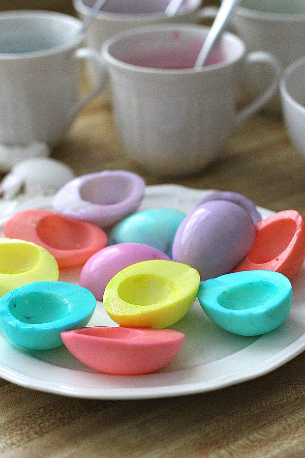 Pastel colored deviled eggs are almost too pretty to eat. The egg whites are dyed and then filled with the yolk mixture. A favorite Easter brunch dish or served as an appetizer with dinner.