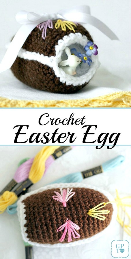 Pattern for Crochet Chocolate Diorama Easter Egg is a cute, chocolate-like egg with a little opening and faux frosting mimicking eggs that filled my Easter basket.