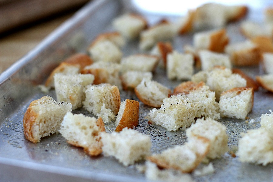 Homemade croutons to top salad with Buttermilk Ranch Dressing.