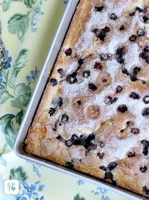 Easy recipe for Blueberry Boy Bait. Tender crumb texture cake loaded with berries and a lightly crunchy cinnamon sugar topping. Classic, vintage recipe.