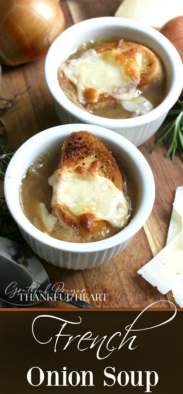 Easy recipe for French Onion soup in a rich beef broth with sweet caramelized onions and topped with toasted baguette and melty cheese.