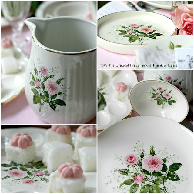 Mother's Day Menu and a Vintage Theme Table as we Remember Mom. Gathering many old rose pottery pieces and boopie glasses from our childhood, I created a vintage tablescape and a Mother's Day Menu any mom would enjoy.