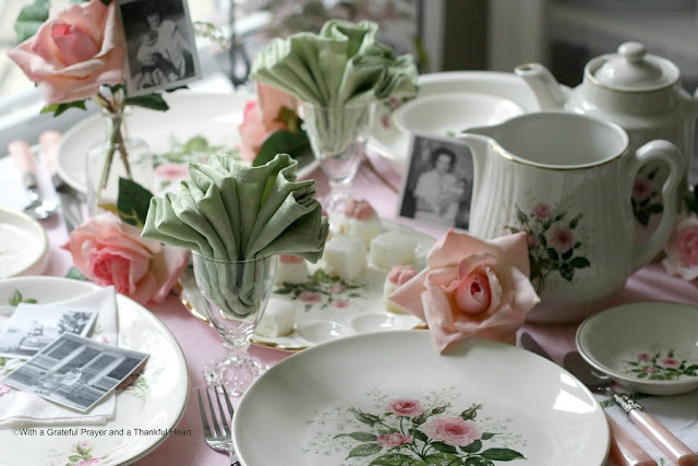 Mother's Day Menu and a Vintage Theme Table. Gathering old rose pottery pieces and boopie glasses from our childhood, for a vintage tablescape