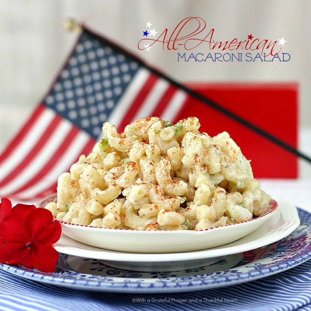 Picnicking, Cooking-out & CELEBRATING! Collection of favorite July 4th Foods including macaroni & potato salad, baked beans, deviled eggs & apple pie.
