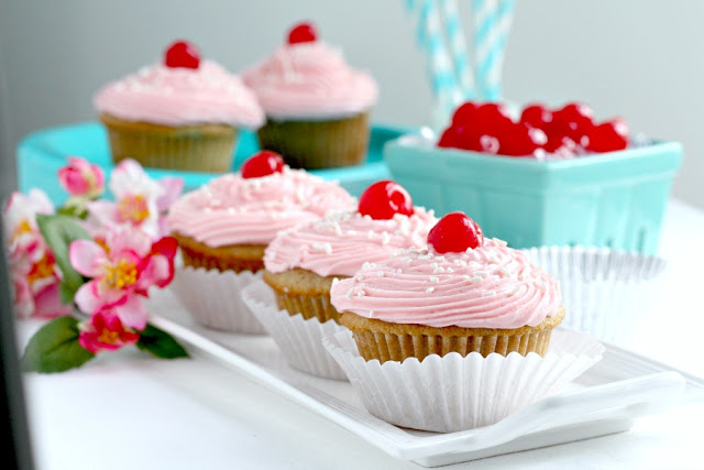 Vanilla Cupcakes with Cherry Buttercream Frosting: Easy recipe for vanilla cupcakes with cherry buttercream frosting. A delicious and fun recipe to make with kids.