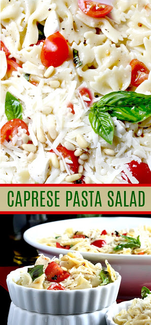 Easy recipe for Caprese Bow Tie Pasta Salad served cold with fresh mozzarella cheese, tomatoes and basil. Perfect for summertime dining. 