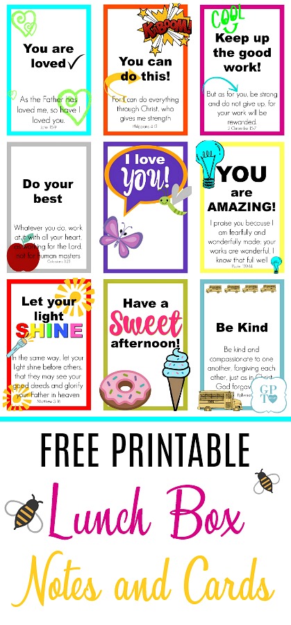 Encouraging and inspirational FREE printables for kids lunch box notes and cards