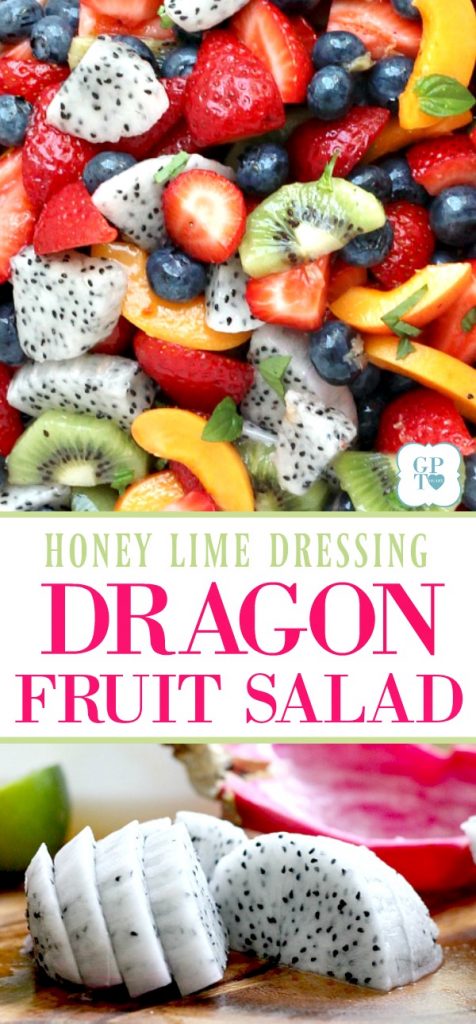 Gorgeous pink dragon fruit brightens this fresh fruit salad with a honey lime ginger dressing. Colorful, delicious and nutritious. 