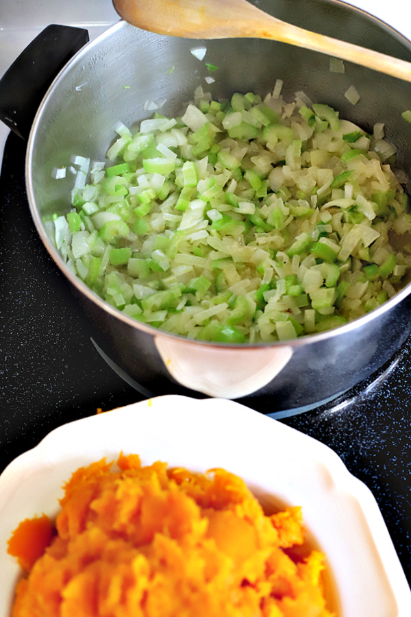 Cooking the celery and onions for butternut squash soup 