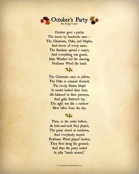 Download free printable, lovely autumn poem, October's Party by George Cooper.