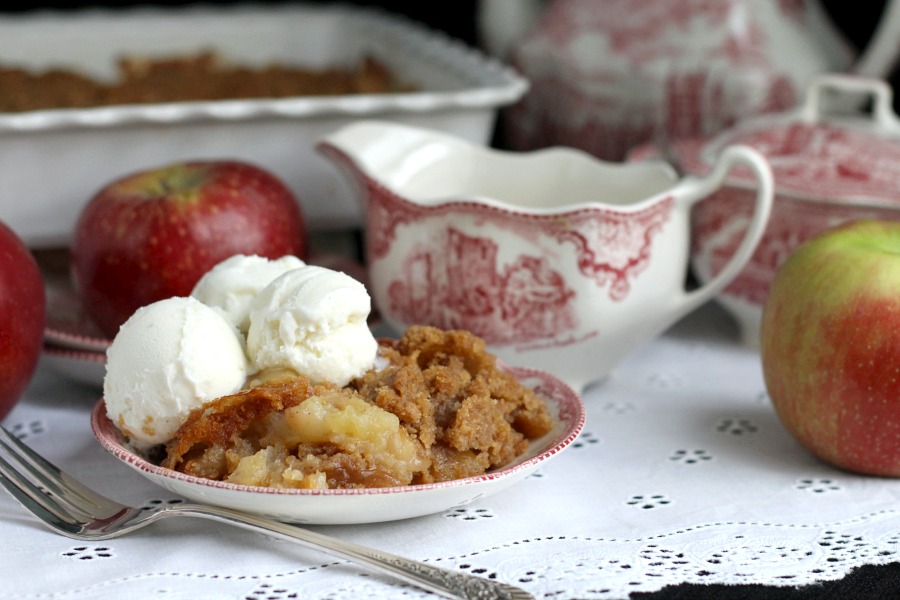 Classic apple crisp is so easy and delicious! A crumb topping of brown sugar and cinnamon over tender apples. Serve warm with a scoop of vanilla ice cream.