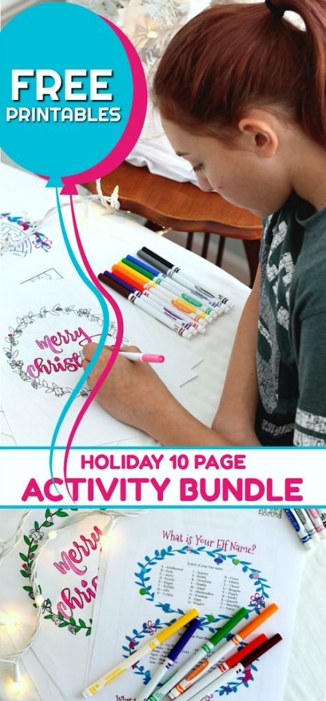 Fun and FREE Christmas Printable Activity Bundle for Kids includes 10 pages of coloring pages, maze, word search, Elf name game and writing prompts. Perfect for a quiet time from the stress and business of the holidays. 