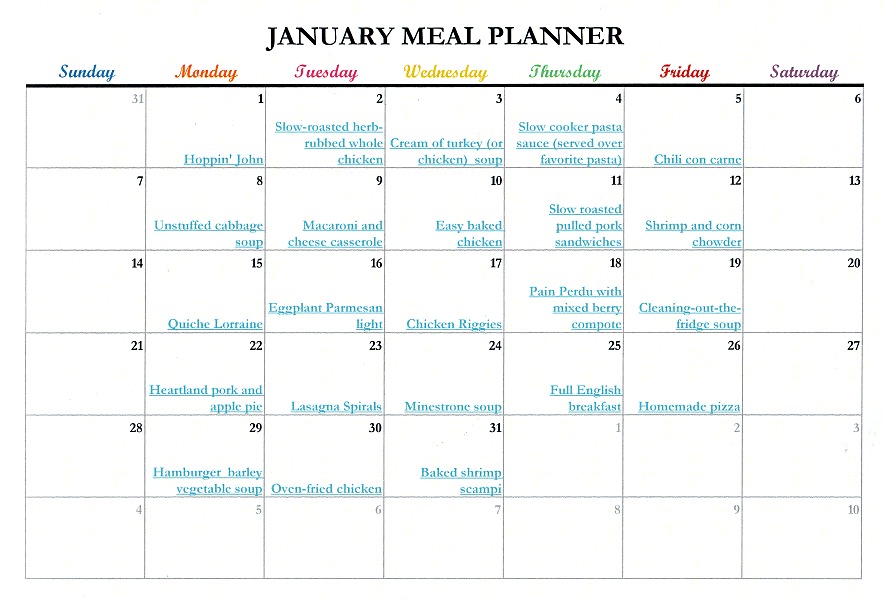 Save time and money following a meal planner with links to all recipes. Delicious January or winter dishes you and your family will love. Wholesome, delicious and homemade.