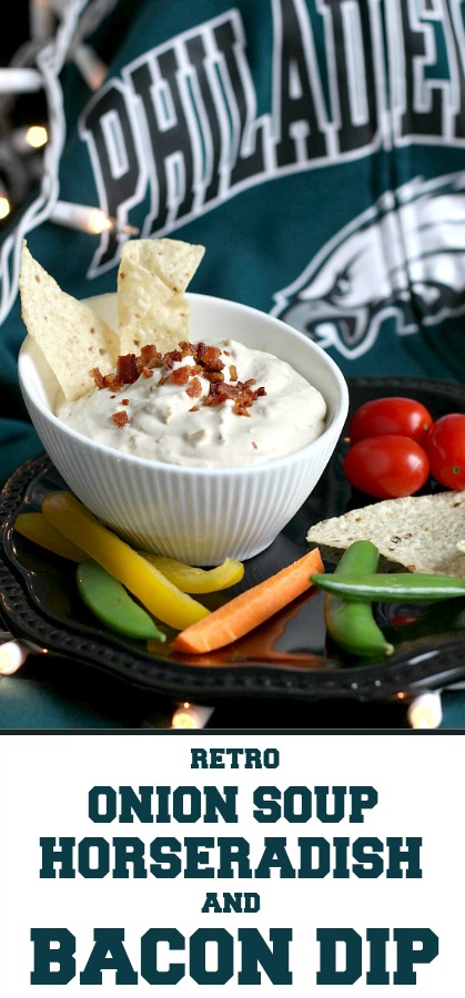 This retro, crowd-pleasing zesty dip never goes out of style. Onion Soup Horseradish and Bacon Dip is thick, creamy and stands up to fresh veggies, crackers and hearty chips. Serving for Super Bowl Sunday and cheering on the Philadelphia Eagles. Fly, Eagles, Fly!