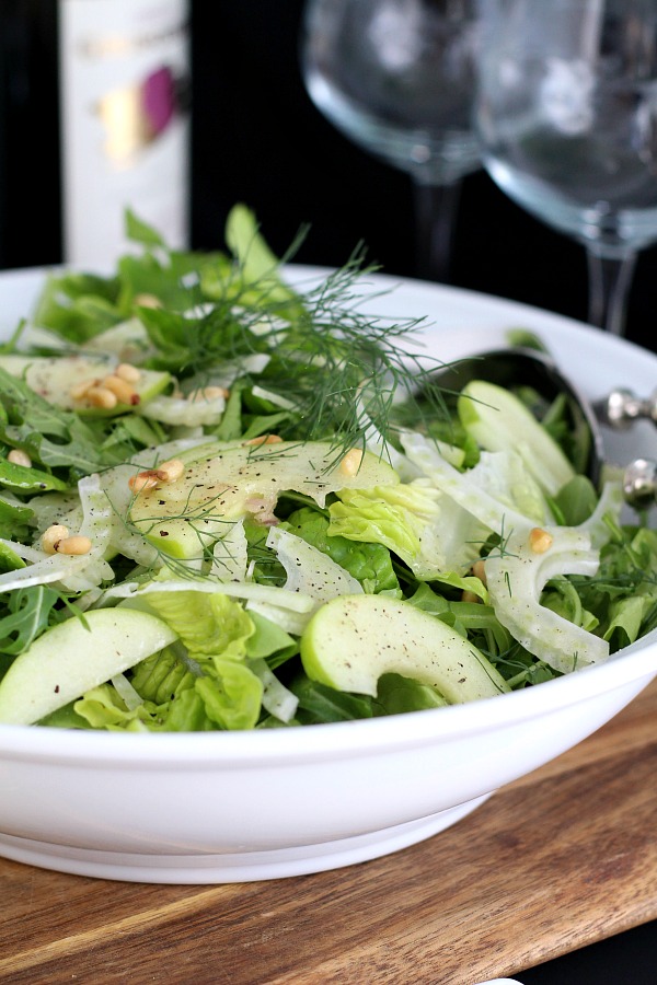 Easy recipe for Arugula, Apple and Fennel Salad with Citrus Vinaigrette and Three-Cheese Crostini from Valerie Bertinelli's cook book. One of many great recipes from this adorable actress and cook.