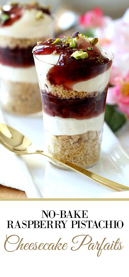 Easy No-Bake Raspberry and Pistachio Cheesecake Parfaits are so pretty and taste delicious. Make tiny, shot-size or fill you fanciest glasses. Change the fruit pie filling or use fresh fruit. It is up to you and it is all good!