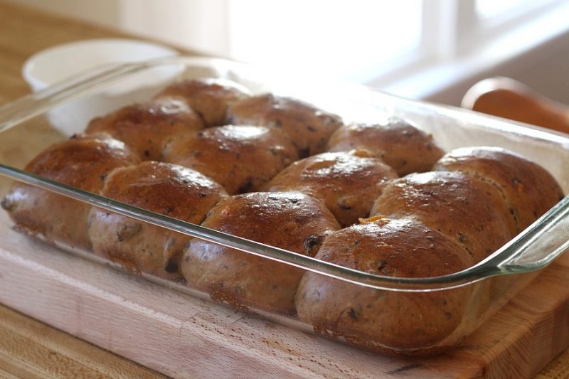 Hot Cross Buns are an Easter tradition and a lovely, sweet breakfast treat with the warm flavor of cinnamon. Dough is made easily in a bread machine then shaped and baked in a dish. Frosting is piped on top in the shape of the cross. Perfect addition for brunch with hard-boiled, colored eggs.