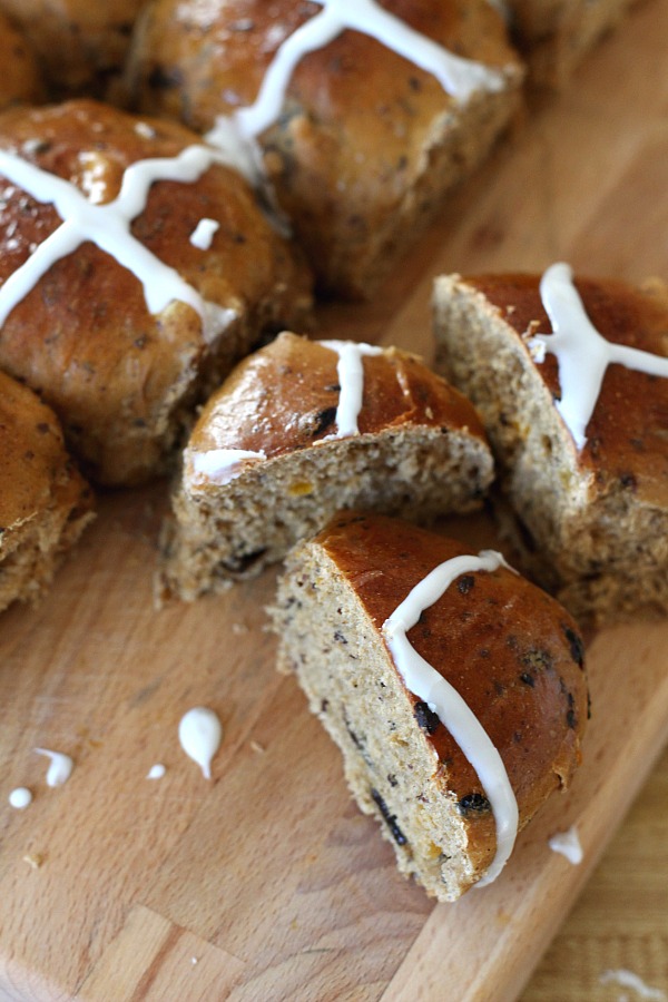 Hot Cross Buns are an Easter tradition and a lovely, sweet breakfast treat with the warm flavor of cinnamon. Dough is made easily in a bread machine then shaped and baked in a dish. Frosting is piped on top in the shape of the cross. Perfect addition for brunch with hard-boiled, colored eggs.